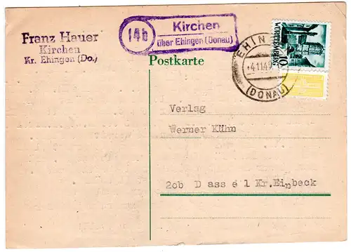 1949, Landpost Stempel 14b Kirchen über Ehingen auf Karte m. 10 Pf. 