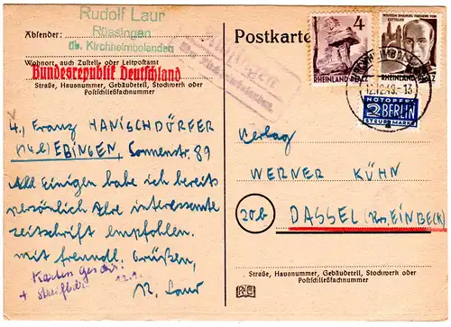 1949, Landpost Stempel RÜSSINGEN über Kirchheimbolanden auf Karte m. 4+6 Pf. 