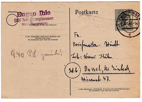 1948, Landpost Stempel 23 SCHWERINGHAUSEN über Twistringen auf 12 Pf. Ganzsache