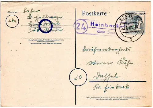 1948, Landpost Stempel HEINBOCKEL über Stade auf 12 Pf. Ganzsache