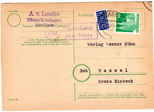 1949, Landpost Stempel 24a HÖRNE/KEHD. über Stade auf Karte m. 10 Pf.
