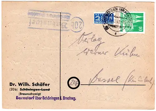 1949, Landpost Stempel 20b BARNSTORF über Schöningen auf Karte m. 10 Pf.
