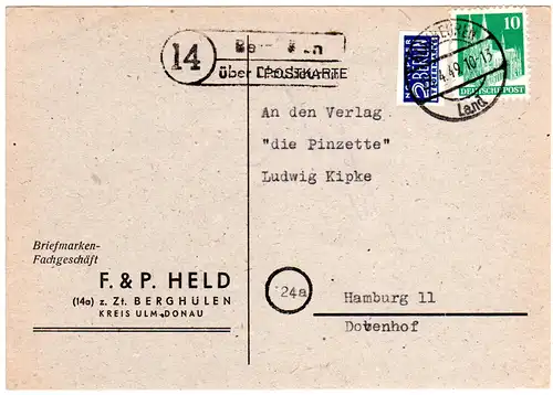 1949, Landpost Stempel 14 BERGHÜLEN über Blaubeuren auf Karte m. 10 Pf.