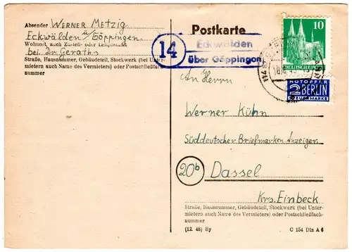 1949, Landpost Stempel 14 ECKWÄLDEN über Göppingen auf Karte m. 10 Pf.