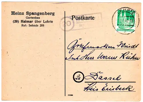 1948, Landpost Stempel 20 HAIMAR über Lehrte auf Firmen Karte m. 10 Pf.