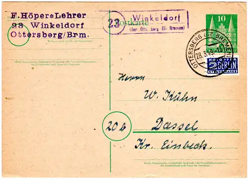 1949, Landpost Stempel 23 WINKELDORF über Ottersberg auf 10 Pf. Ganzsache