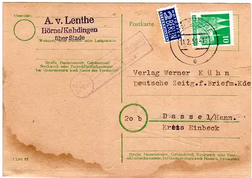 1950, Landpost Stempel 24a HÖRNE (KEHDINGEN) über Stade auf 10 Pf. Ganzsache