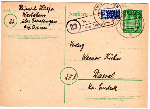 1949, Landpost Stempel 23 WEDEHORN über Twistringen auf 10 Pf. Ganzsache