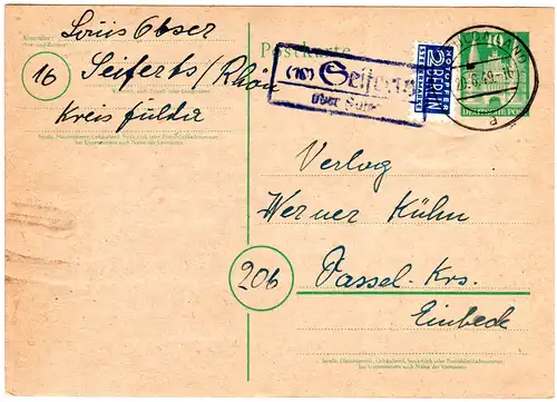 1949, Landpost Stempel SEIFERTS über Fulda auf 10 Pf. Ganzsache