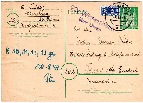 1949, Landpost Stempel 22c WISSERSHEIM über Dürenauf 10 Pf. Ganzsache