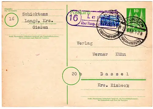 1950, Landpost Stempel 16 LANGD über Hungen auf 10 Pf. Ganzsache