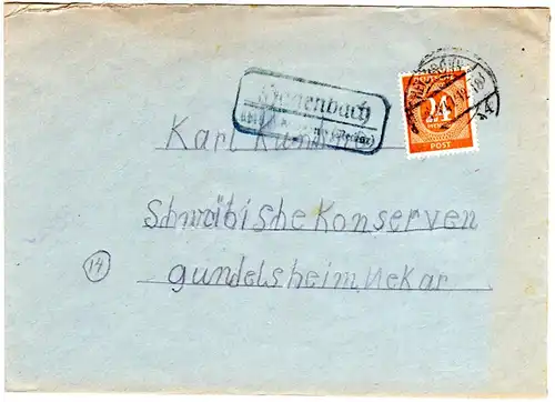 1947, Landpost Stpl. HAGENBACH über Heilbronn auf Brief m. 24 Pf.