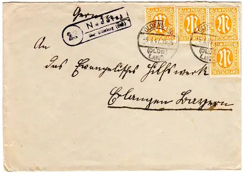 1947, Landpost Stpl. 23 NADORST über Oldenburg auf Brief m. MeF 4x6  Pf.
