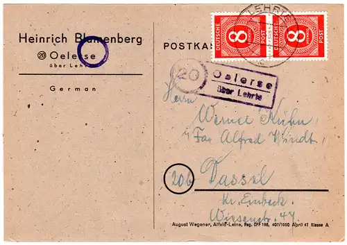1948, Landpost Stpl. 20 OELERSE über Lehrte auf Karte m. 2x8 Pf.