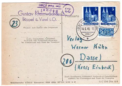 1949, Landpost Stpl. 23 BÜPPEL über Varel (Oldb.) auf Karte m. 2x5 Pf.