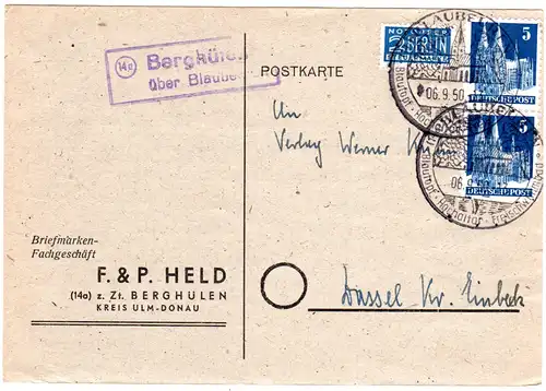 1950, Landpost Stpl. 14c BERGHÜLEN über Blaubeuren auf Karte m. 2x5 Pf.