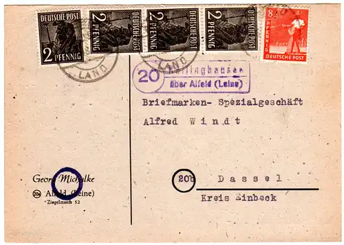 1948, Landpost Stpl. 20 RÖLLINGHAUSEN über Alfeld auf Karte m. 4+4x2 Pf. 