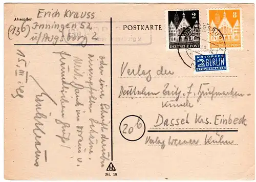 1949, Landpost Stpl. 13b INNINGEN über Augsburg 2 auf Karte m. 2+8 Pf. Bauten
