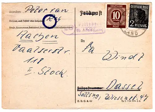 1949, Landpost Stpl. 20 WETTEBORN über Alfeld auf Karte m. 2+10 Pf.
