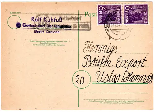 1947, Landpost Stpl. 10 GOTTSCHDORF über Königsbrück auf Karte m. 2x6 Pf. 