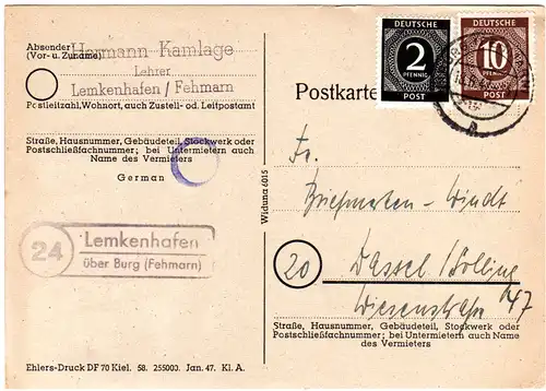 1947, Landpost Stpl. 24 LEMKENHAFEN über Burg (Fehmarn) auf Karte m. 2+10 Pf.