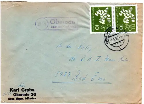 BRD 1962, Landpost Stpl. OBERODE über Hann. Münden auf Brief m. MeF 2x10 Pf.