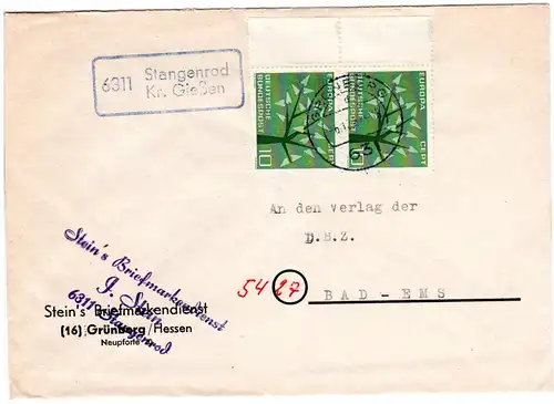 BRD 1962, Landpost Stpl. 6311 STANGENROD Kr. Gießen auf Brief m. MeF 2x10 Pf.