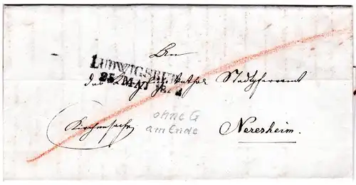 Württemberg 1842, L2 LUDWIGSBURG (ohne "G") auf Kirchensache Brief n. Neresheim.
