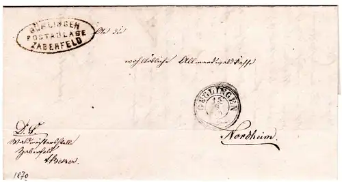 Württemberg 1870, Postablage ZABERFELD (Güglingen) auf Brief n. Nordheim