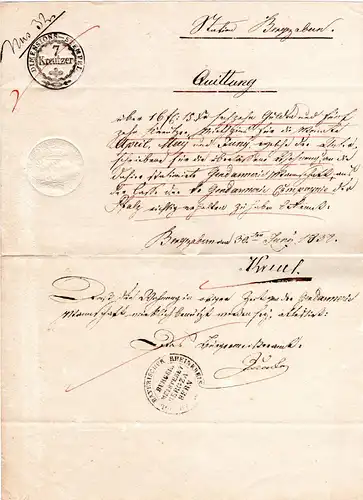 Bayern 1838, Quittung der Bürgermeisterei Bergzabern m. Amtsstempel.