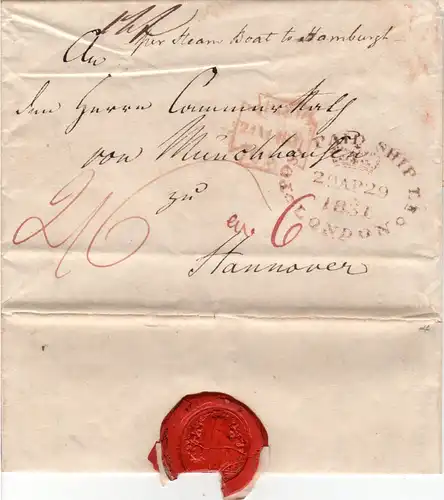 GB 1831, Post Paid Ship Letter London auf Breif n. Hannover an von Münchhausen 