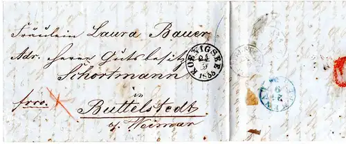 Thurn & Taxis 1855, K1 KOENIGSEE auf Franko Brief n. Buttelstedt b. Weimar.