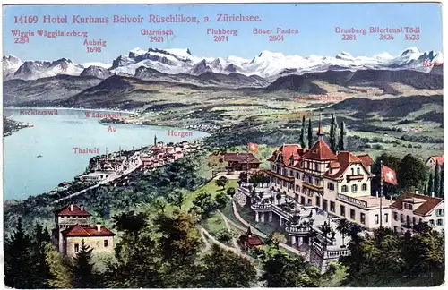 Schweiz, Hotel Kurhaus Belvoir Rüschlikon am Zürichsee, 1909 gebr. Farb-AK