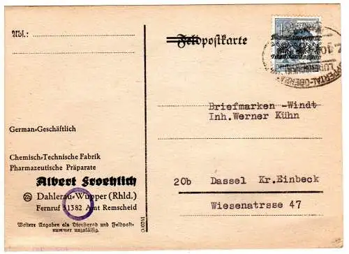 1948, Bahnpoststpl. Wuppertal-Oberbarmen-Lüdenscheid auf Karte m. 12 Pf. 