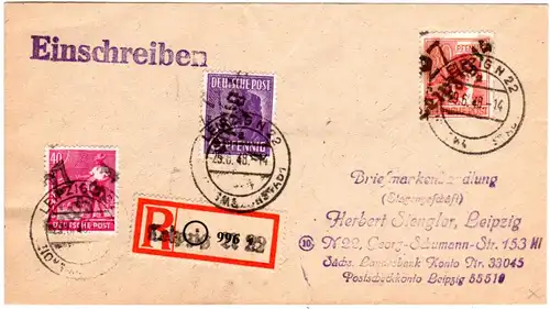 SBZ 1948, 6+30+40 Pf. m. Bezirkshandstpl. auf portorichtigem Orts-R-Brief. Gepr.