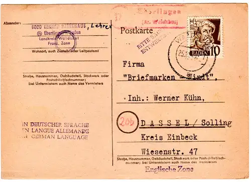 1948, roter Landpost Stempel 17 EBERFINGEN (Kr. Waldshut) auf Karte m. 12 Pf.