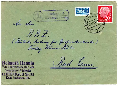 BRD 1954, Landpost Stpl. 13a LEUTENBACH über Forchheim auf Brief m. 20 Pf.