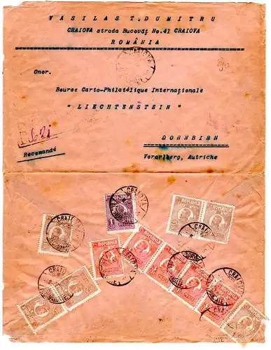 Rumänien 1925, 1+3x5 Lei+6x25 B. rückseitig auf Einschreiben Brief v. Craiova