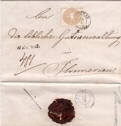 Österreich 1868, EF 15 Kr. auf Einschreiben Brief m. Mähren Zier-K2 WISCHAU