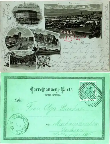 Österreich, Gruss aus Linz, attraktive, 1900 gebr. Mehrbild Litho-AK