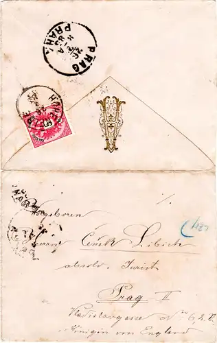 Österreich 1885, 5 Kr. auf Brief v. Hohenelbe m. rücks. Gold-Präge-Momgramm