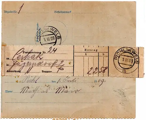 Österreich 1909, 12+60 H. m. perfins als Zusatzfr.auf Paketkarte v. Jägerndorf