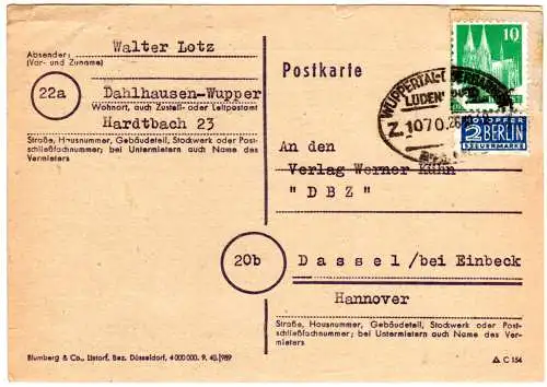 1949, Bahnpoststpl. Wuppertal-Oberbarmen auf Karte m. 10 Pf. v. Dahlhausen