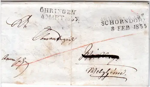Württemberg 1855, L2 SCHORNDORF u. ÖHRINGEN auf Armensache Nachsende Brief 