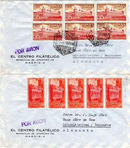 Spanien 1962/64, 2 Luftpost Firmenbriefe m. 1 P. Mehrfachfrankaturen v. Madrid