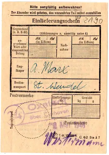 1946. Landpoststempel 24 OXSTEDT über Cuxhaven auf Posteinlieferungsschein