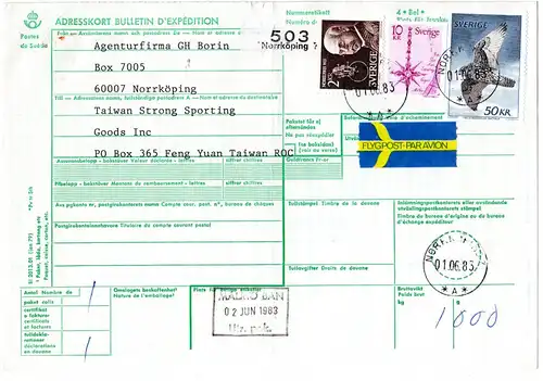Schweden 1983, 50+10+2 Kr. auf Luftpost Paketkarte v. Norrköping n. Taiwan