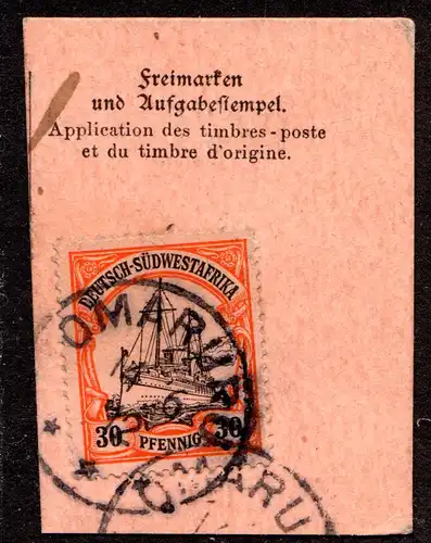 DSWA, 30 Pf. auf gr. Briefstück m. Stempel Omaruru