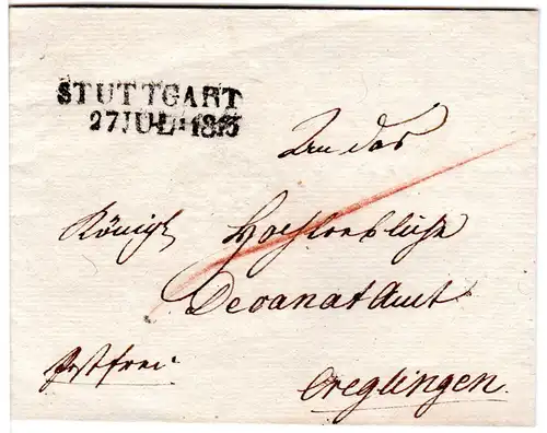 Württemberg 1813, L2 Stuttgart klar auf Franko Brief n. Creglingen.