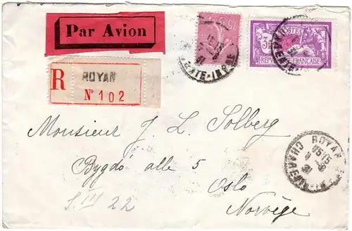Frankreich 1931, 3 Fr+75 C. auf Luftpost Einschreiben Brief v. Royan n. Norwegen
